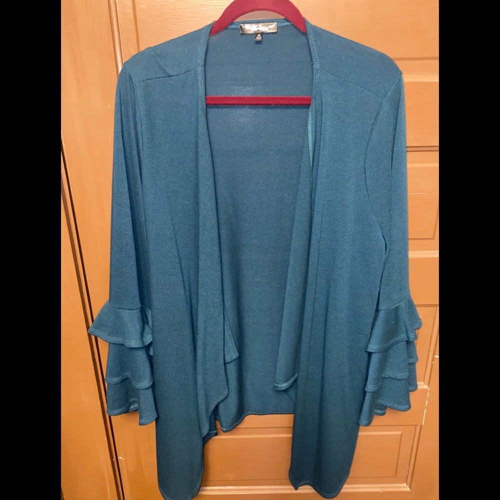 Dark teal green sweater with ruffles on sleeve. Only worn once